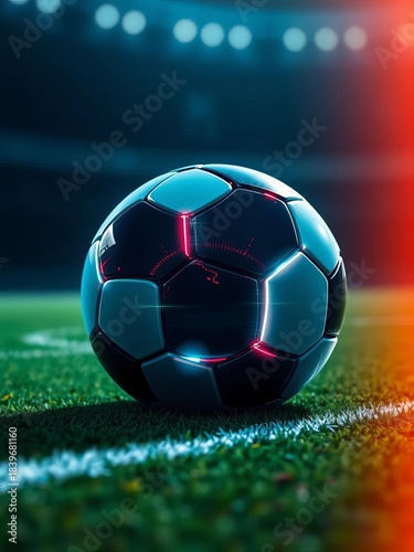 Futuristic soccer ball with glowing lines on a dark field,  sport, futuristic