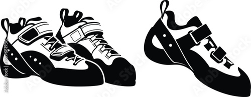 Two black rock climbing shoes detailed design isolated on transparent background silhouette