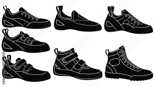 Collection of black running shoes in various styles on transparent background silhouette