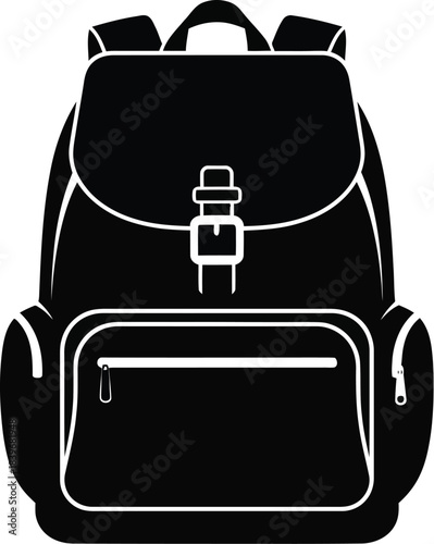 Black backpack design element with buckle perfect for projects on transparent background silhouette