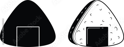 Two onigiri rice balls one solid black and one with texture on transparent background silhouette