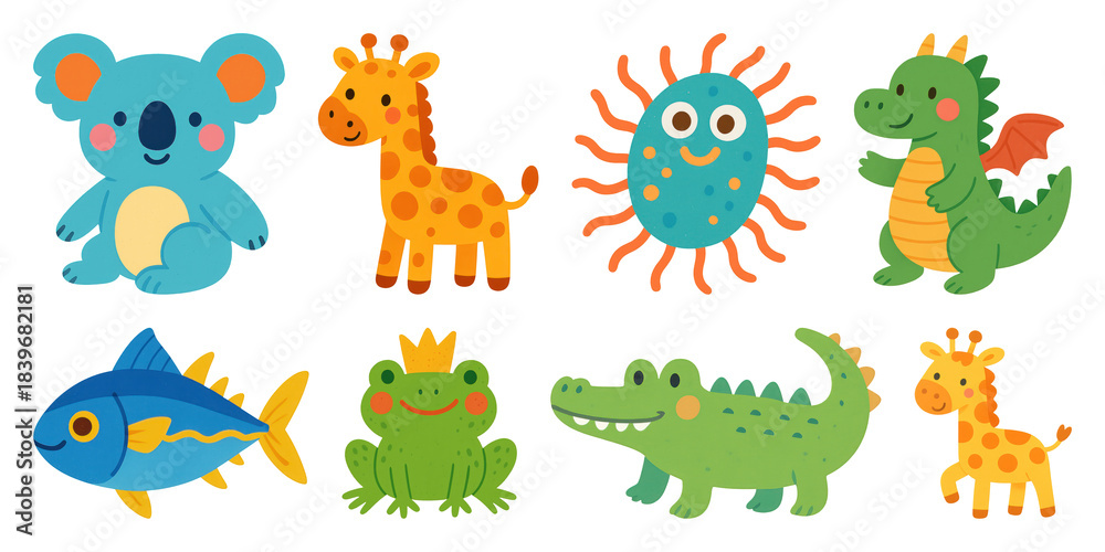Obraz premium PNG Colorful cartoon animal illustrations, element set on transparent background