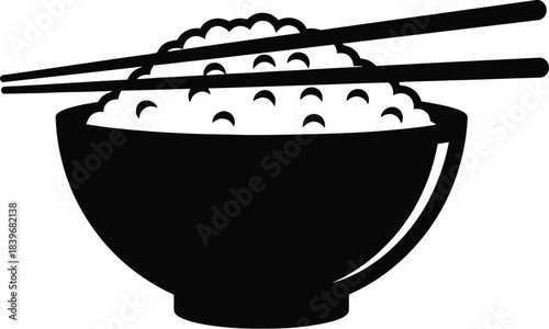 A black bowl of rice with chopsticks simple graphic on transparent background silhouette