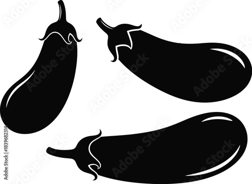 Three elegant eggplants in a black silhouette on transparent background