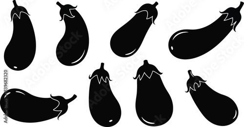 Black eggplant variations in different poses on transparent background silhouette