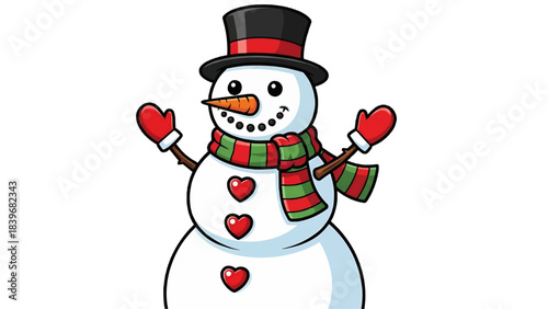 A delightful snowman wearing a hat, scarf and mittens and decorated with buttons, carrots and hearts. This festive character embodies the charm of the winter season