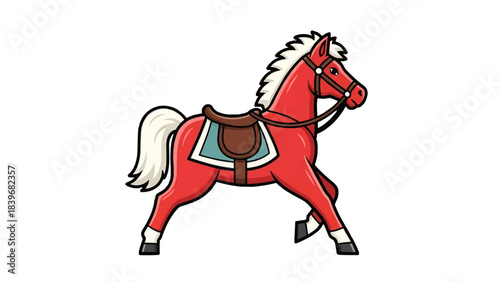 A red horse with a saddle, ready for a ride, stands proudly