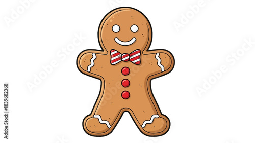 A delightful gingerbread man with a charming smile and festive attire, ready for holiday celebrations. His attire includes a red bowtie and buttons