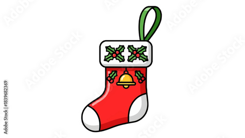 Festive Christmas stocking with red, green, and gold colors. Decorated with festive holly and a golden bell. The green ribbon hangs playfully