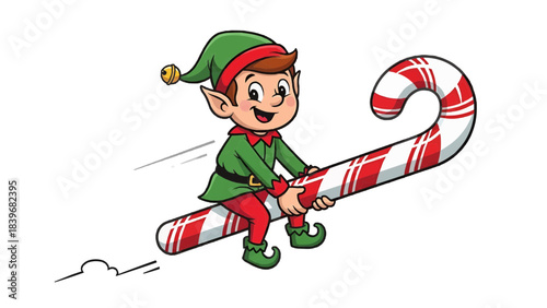 A charming cartoon of an elf joyfully riding a candy cane. The elf is smiling and appears to be in motion