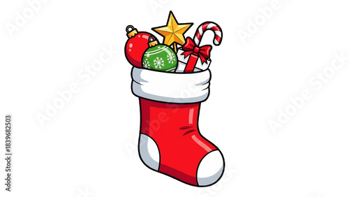 Christmas stocking filled with ornaments and gifts, ready for festive season