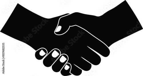 Black silhouette of two hands shaking agreement and partnership on transparent background