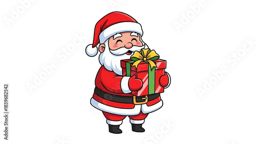 Santa Claus holding a wrapped gift with a joyful smile on his face