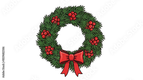 Festive Holiday Wreath with Berries and a Red Bow