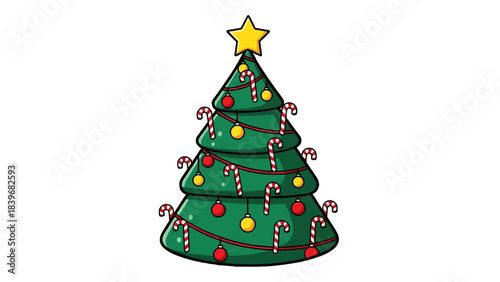 A decorated Christmas tree with ornaments, candy canes, and a star. Perfect for holiday themes and festive projects.