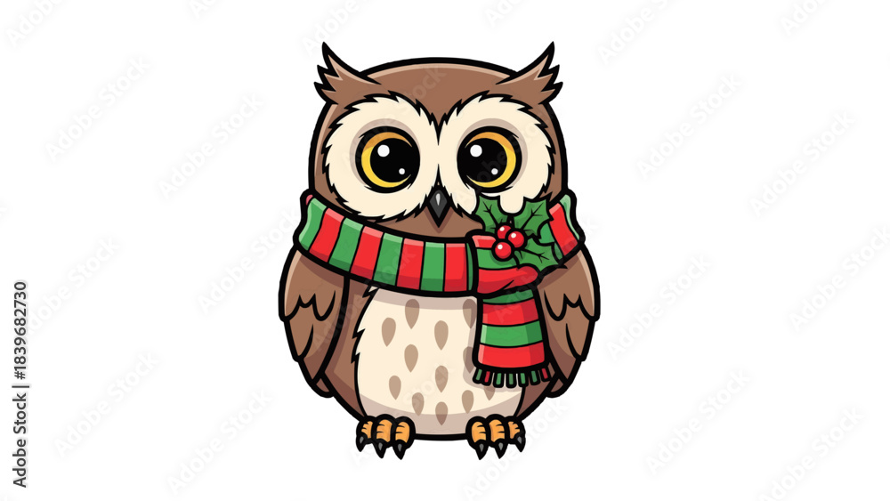 Fototapeta premium An adorable owl wearing a scarf with christmas decorative. It is a symbol of wisdom, the owl has big eyes and beautiful plumage