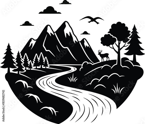 Mountain landscape with river deer and birds a striking silhouette on transparent background