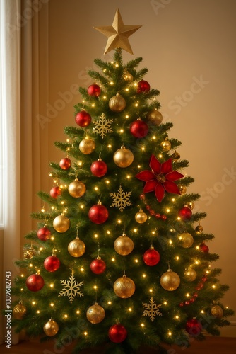 Elegant Christmas Tree with Sparkling Ornaments and Warm Holiday Glow