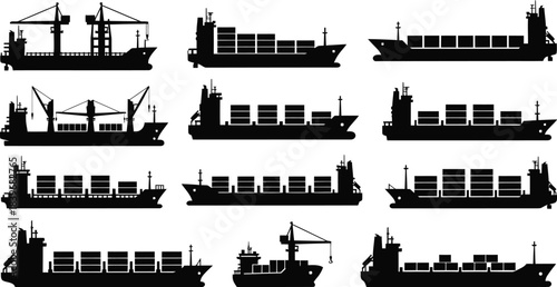 Various cargo ship silhouettes collection on transparent background