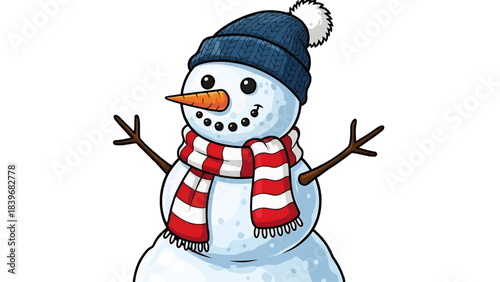 A cheerful snowman wearing a scarf and hat smiling and showing joy in the winter