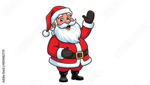 Santa Claus, a jolly man in a red suit, waving to greet someone. His white beard and rosy cheeks exude warmth and festive cheer