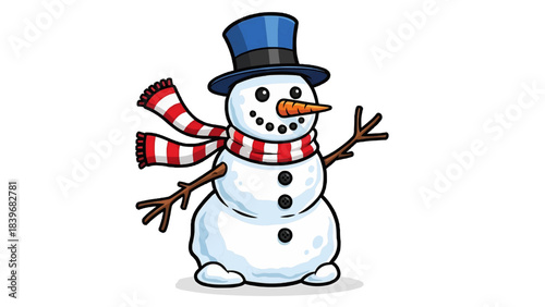 A cheerful snowman with a black hat, red and white striped scarf and carrot nose