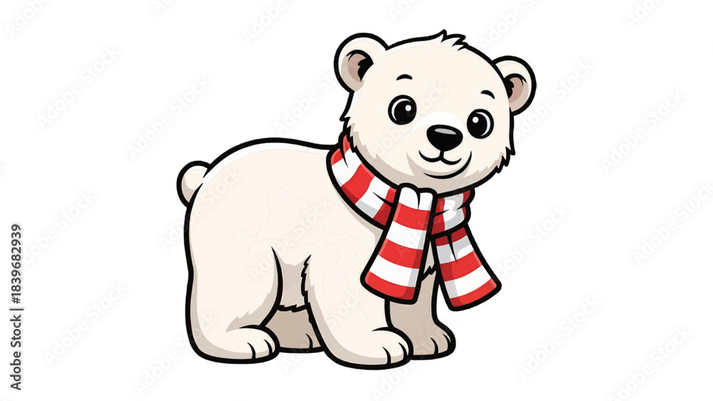 Fototapeta premium Cute polar bear cub wearing a scarf, drawn in cartoon style. The polar bear has a happy and cheerful expression.
