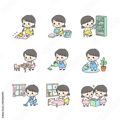Kawaii pastel kids performing various household chores such as cleaning, organizing, and helping at home.
