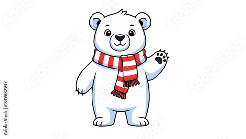 A charming cartoon polar bear, waving hello. The bear wears a red-and-white striped scarf, appearing friendly and welcoming
