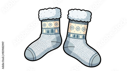 A pair of warm cozy winter socks, perfectly crafted with intricate designs, ready to embrace the chilly season.