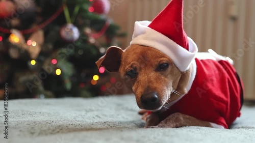 One cute dog in a Santa Claus costume is relaxing on the bed.