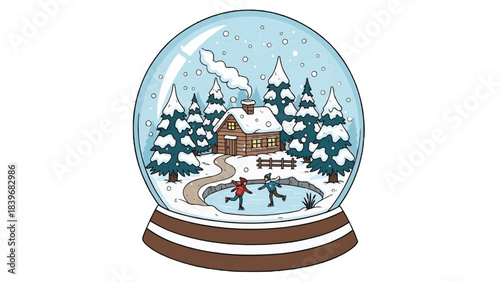 A beautiful winter scene in a snow globe with ice skater. The snow globe contains a charming cabin, serene snow and two ice skaters