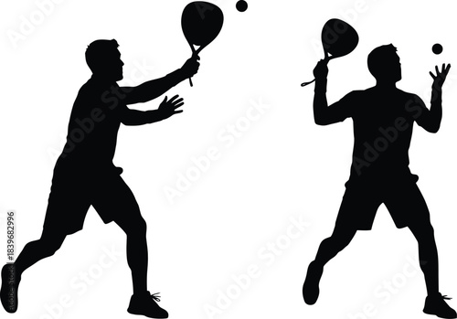 Two tennis players in action during a match black silhouette on transparent background