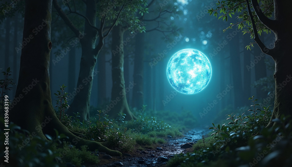 Obraz premium Magical blue moon glowing in dark forest 
