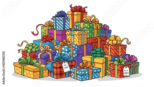 A large pile of colorful gifts and presents with ribbons. A collection of stacked gifts for various celebrations