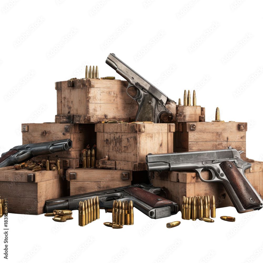 Obraz premium Pile of Weaponry: An assortment of meticulously arranged pistols and ammunition crates. The weapons glint and lie among the scattered bullets and wooden crates.