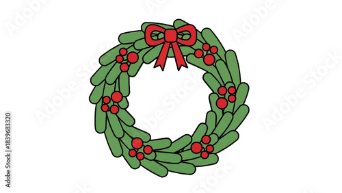 A vibrant Christmas wreath adorned with a bright red bow and berries