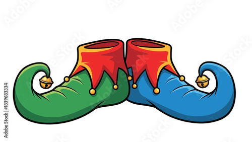Elf shoes, featuring vibrant colors with a curly toe and a small bell attached