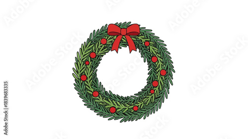 A Christmas wreath with a red bow and berries, perfect for festive holiday decoration
