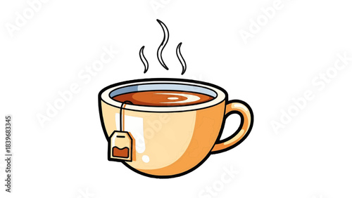 A refreshing cup of tea with steam rising. The teacup is filled with a warm beverage and a tea bag
