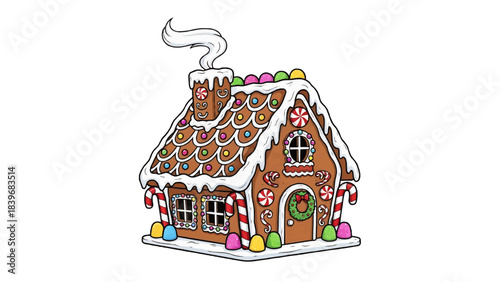 A colorful gingerbread house with intricate details and smoke rising from chimney
