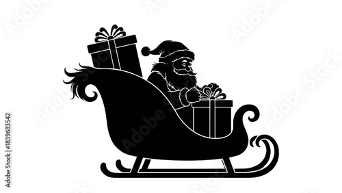 Silhouette of Santa Claus riding a sleigh filled with presents