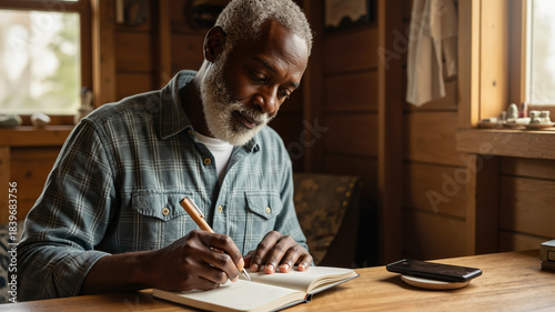 Elderly black man writing in notebook while sitting at wooden table, Minimalist Digital Detox Concept 