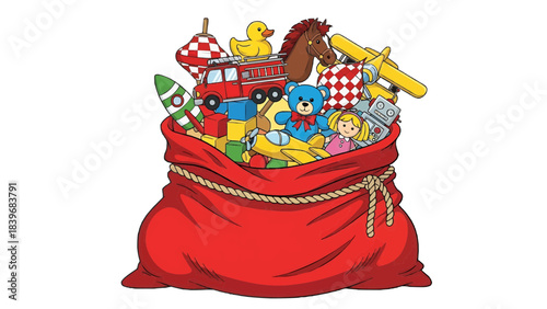 A red bag full of various colorful toys, evoking childhood memories
