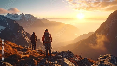Hikers Trekking Mountain Ridge at Sunrise, Scenic Landscape.