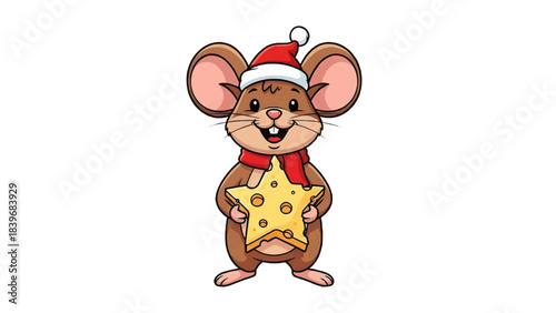 A cute cartoon mouse wearing a Santa hat and holding a star-shaped piece of cheese. The mouse is smiling cheerfully, adding a touch of festive fun
