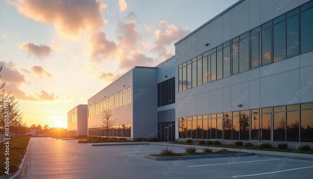 Obraz premium Modern industrial building exterior, empty parking lot at beautiful sunset. Commercial real estate property with white facade, glass windows. Corporate office, warehouse business logistics center at
