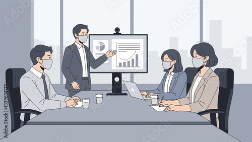 Business professionals meeting with protective masks in conference room illustration