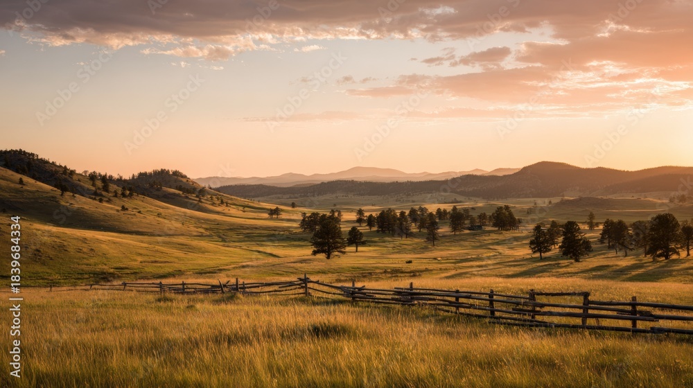 Fototapeta premium Scenic Golden Hour Landscape with Rolling Hills, Meadows, and a Wooden Fence in the Countryside