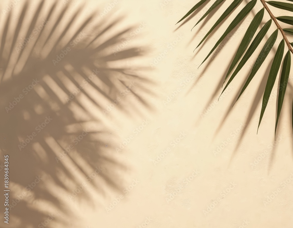 Obraz premium Palm leaf shadow on textured beige wall. Natural light creates abstract pattern for minimal backdrop. Tropical vibe for summer travel themes.